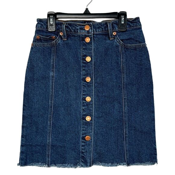 Gap SZ 25 Denim Jean Mini Skirt Button-Front Pockets Frayed Hem Medium Wash Blue - Picture 1 of 7